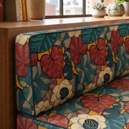 Banquette Idris en velours-Rose/brique fond orange sur velours