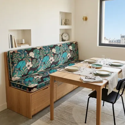 Banquette Idris en velours-Vanille/vert fond chocolat sur velours