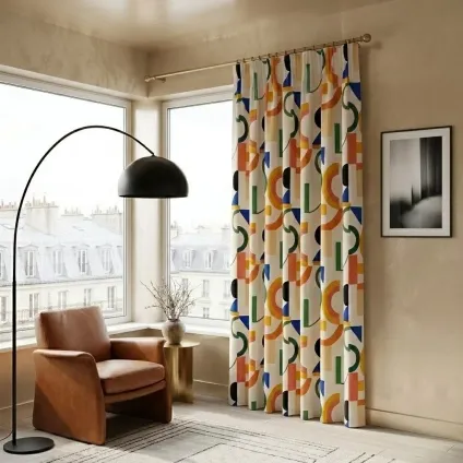 RIDEAU HEROS MULTICOLORE FOND BEIGE CLAIR SUR VELOURS